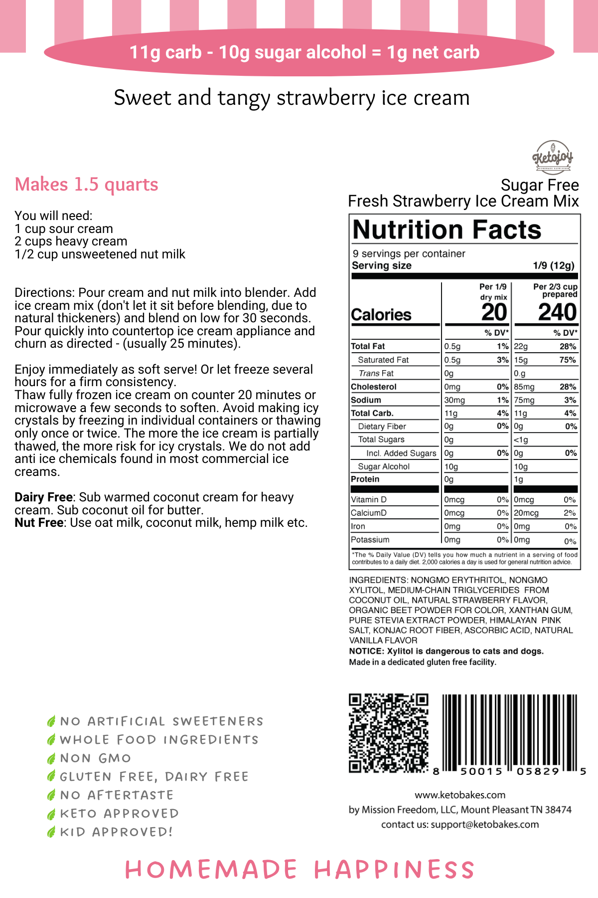 Ice Cream Mix - FRESH STRAWBERRY - 1g net carb